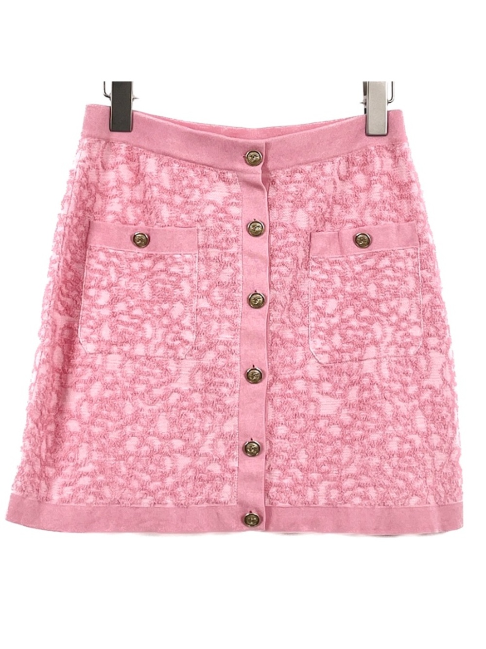 Chanel Peach-Pink Embossed Camellia All-Over Print Cotton Knit Skirt